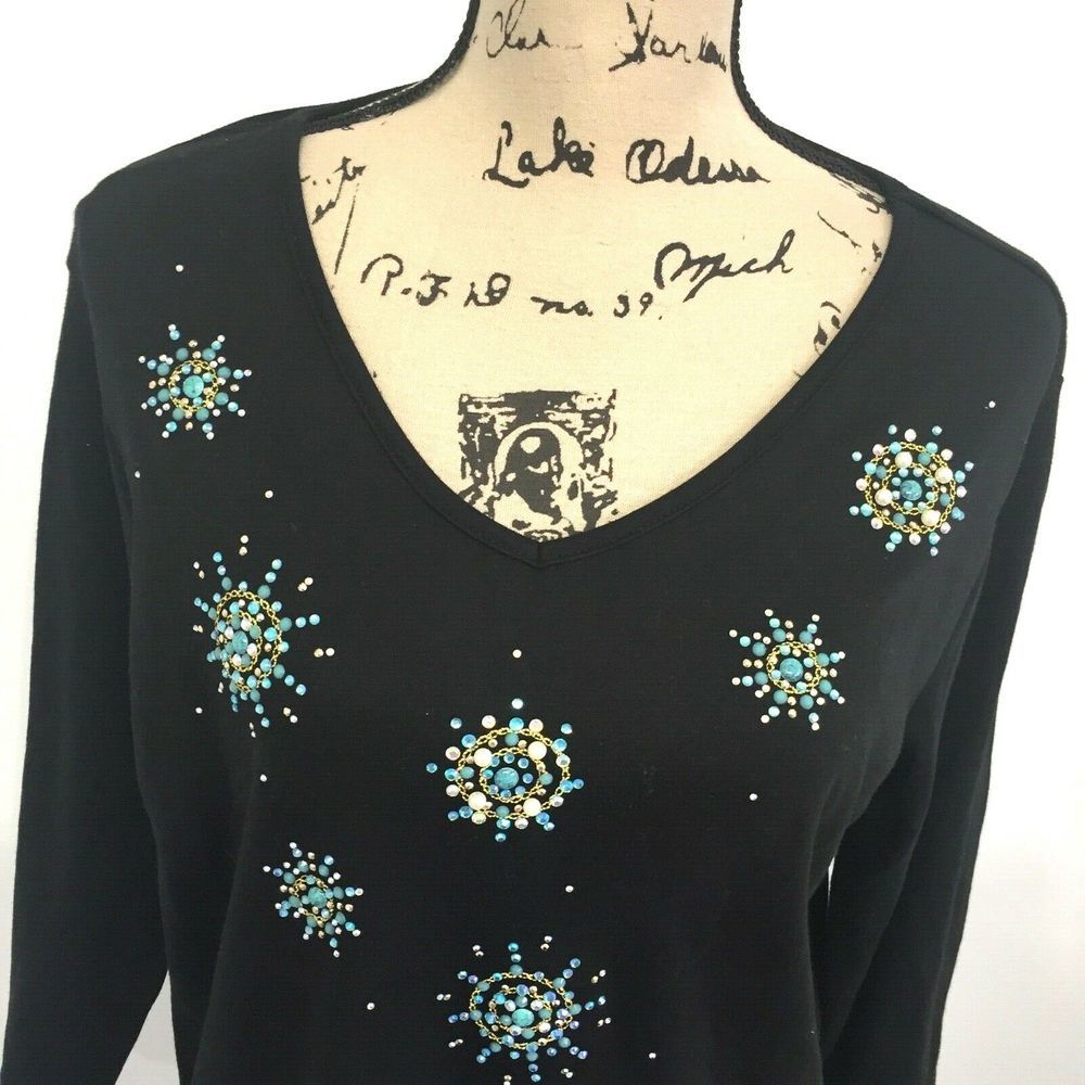 Quacker Factory L Large Shirt Black Beaded - Picture 2 of 7